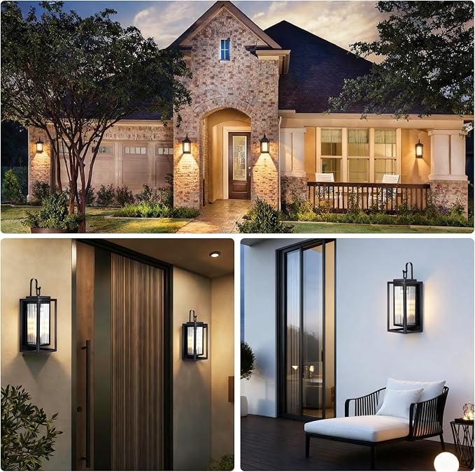 2 Pack Outdoor Wall Lights for House Exterior, 18 Inch Large Black Modern Lantern with Dual Metal Frame & Textured Glass, IP65 Waterproof (Bulbs Included)