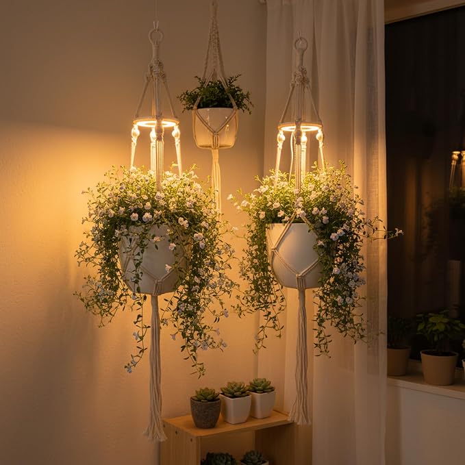 2 Pack Hanging Plant Grow Lights for Indoor Plants with Timer, Wall Mounted Full Spectrum Pendant Growing Light with Macrame Plant Hanger, Ceiling LED Planta Luz for Potted Plants Home Decor