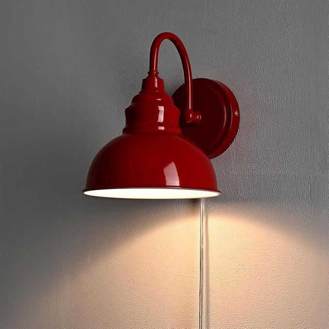 Mini Gooseneck Wall Sconce, 2-Way Mount with Switch, Red | Flexible Gooseneck, Plug-in & Hardwired Dual Installation, On/Off Switch Included, Fits Bedroom, Corridor, Porch
