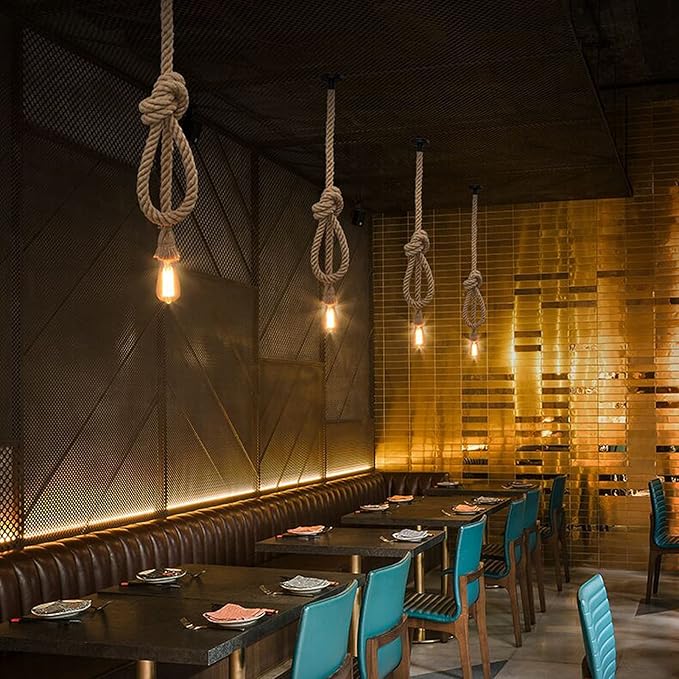 2 Pack Hemp Rope Pendant Light Kit - 3.7ft Vintage Farmhouse Hanging Cord with E26/E27 Socket, Adjustable Single Head Ceiling Light for Kitchen Island, Cafe, Bar, Tea House & Industrial Decor