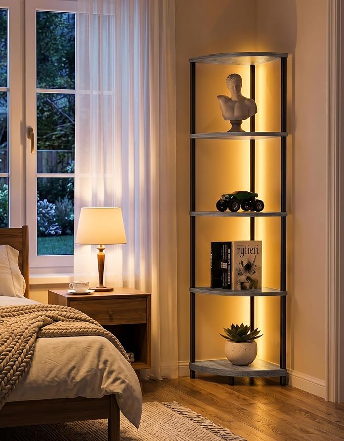 Corner Shelf with LED Light, 5 Tier Smart Color Changing Floor Lamp with Remote, 62" Display Shelf Bookshelf Narrow Storage Rack Standing Lamp for Living Room Bedroom Home Office Decor, Grey