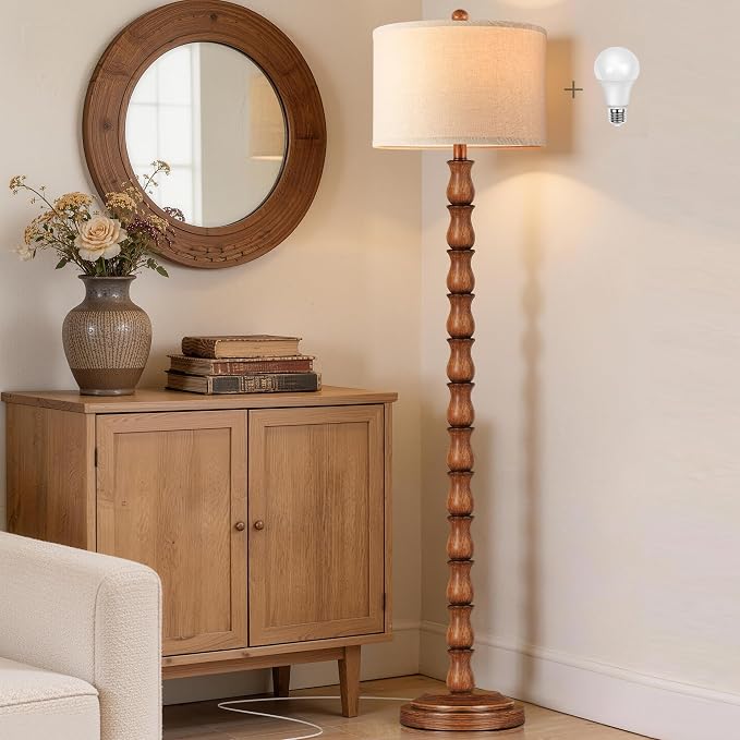 63.5" Rustic Floor Lamp for Living Room, Farmhouse Floor Lamp with Rotary Switch & Linen Shade, Vintage Resin Tall Standing Lamp for Bedroom Corner Office Home Decor, Light Walnut (LED Bulb Included)