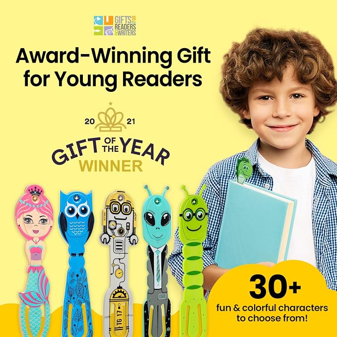 Gifts for Readers & Writers Book Light for Kids, Clip On Reading Light for Bed, 2in1 Flexilight Pals & Bookmark, Small & Lightweight with a Soft Glow, 2 Batteries Included, Bookworm Teal