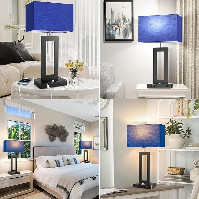 3 Color Temperatures Table Lamps for Bedrooms Set of 2, 22ββ Touch Control Bedside Nightstand Lamps with 2 USB Ports & AC Outlet, Stepless Dimmable Lamps with Blue Shade, Modern Decor for Living Room