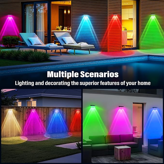 Dusk to Dawn Solar Fence Lights 7 Fixed Colors and RGB Waterproof Solar Deck Light ON/Off Push Switch Outdoor Solar Wall Lights for Outside/Backyard/Step/Patio/Pool, 12PACK