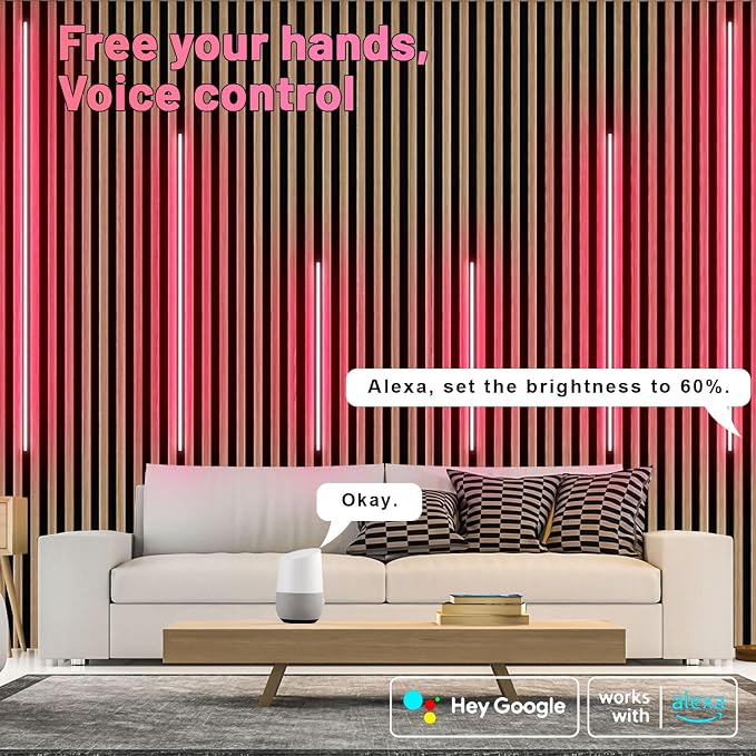 Lichaser RGB Black LED Strip Light for Wood Slat Wall Panel, 6 Pcs WiFi Smart Recessed Lighting for Acoustic Panel Compatible with Alexa, Self-Adhesive Smart LED for Slat Wall (2*36+2*24+2*16 in)