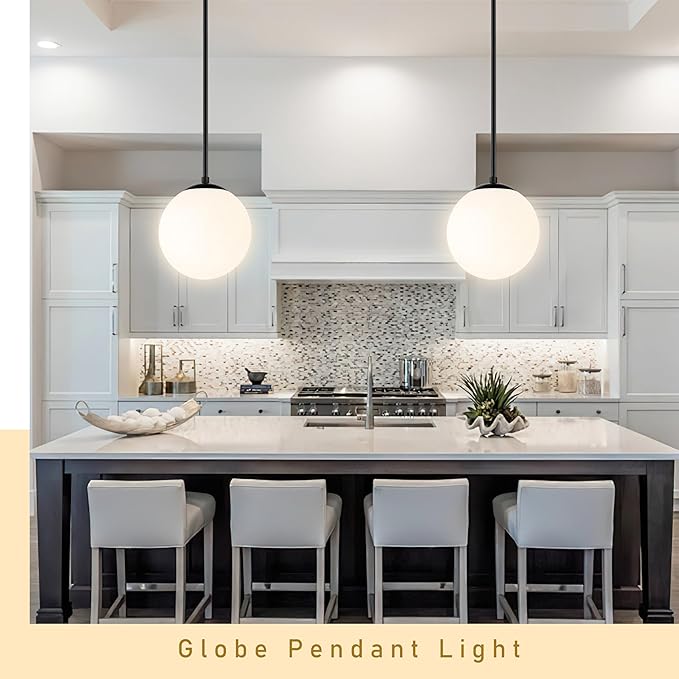 10" Globe Pendant Light Black 2 Pack Mid Century Pendant Light Globe Pendant Lights Kitchen Island Matte Black Finished with Milk Glass Adjustable Ceiling Light Fixtures for Dining Room Bar