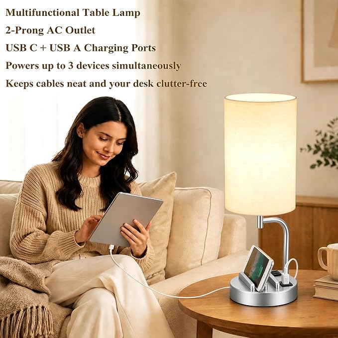 Dreamholder Touch Control USB Table Lamp with USB C/A & AC Outlet, 3-Way Dimmable Bedside Lamp, Modern Nightstand Lamps for Bedroom Living Room Guest Room Office, Bulb Included, Silver