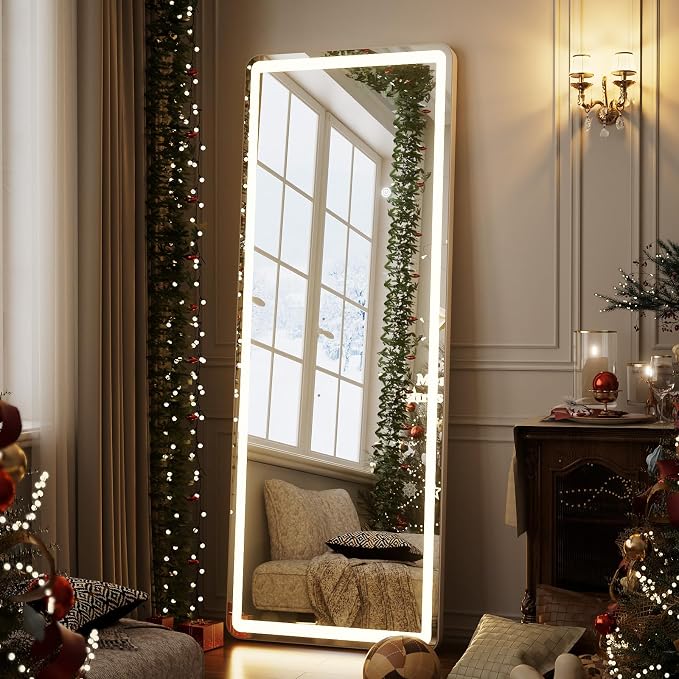 Easly 26x68 inch Full Length Mirror with Lights, LED Lighted Floor Standing, Hanging Mirror Full Length with Stand Free, Full Body Dressing Mirrors with Dimmable 3 Color LED