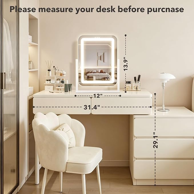 Vanity Mirror with Lights, 12"×13.9" Makeup Mirror with LED Lights, Lighted Makeup Mirror with Smart Touch Control & 3 Dimmable Color Modes, Mirror with Lights for Desk, Bedroom, Dressing Room