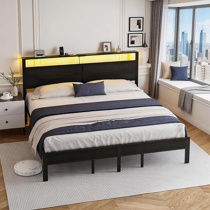 King Size Bed Frame with LED Lights and Charging Station | Black Metal Platform Bed with Wood Headboard, Sturdy Slats, No Box Spring Needed, Noise Free, Easy Assembly