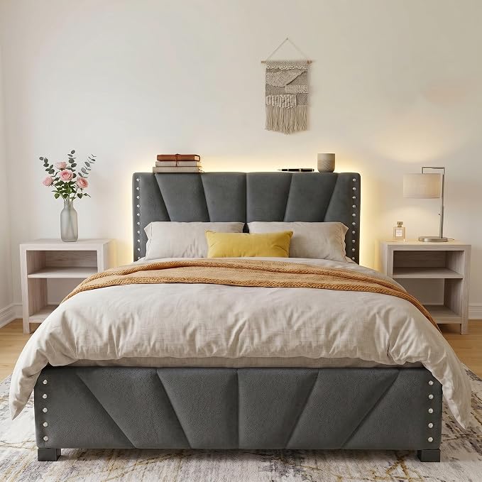 EnHomee Queen Bed Frame with LED Lights & USB, Noise-Free, Grey | Adjustable Velvet Headboard,Under-Bed Storage,Heavy Duty Support with 12 Slats,No Box Spring Needed,Easy Assembly for Bedroom