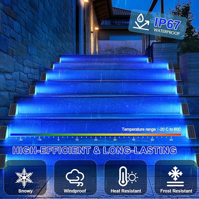 12 Pack Solar Stair Lights, Outdoor Step Lights with Waterproof IP67, Blue Color LED Solar Light for Outside Light Decor for Stair, Deck, Front Step, Front Porch, Patio and Backyard