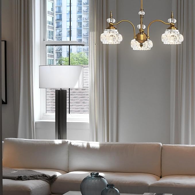 Montex Vintage Brass Pendant Light,Gold Vintage Chandelier Light Fixture 3 Lights,Include 4 Light Bulbs Glass Pendant Light Crystal Hanging Light