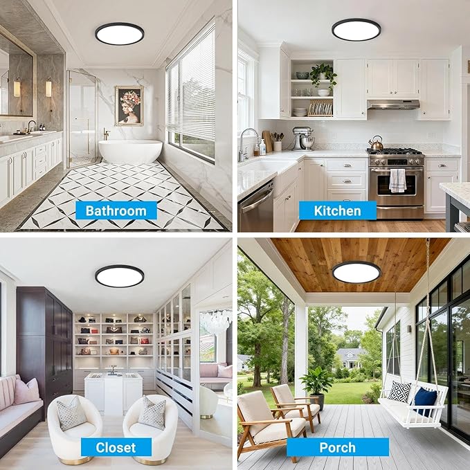 4 Pack LED Flush Mount Ceiling Light,12Inch 24W,Black | 3000K/3500K/4000K/5000K/6500K 24W Black Ceiling Light Fixture for Bathroom Closet Kitchen Bedroom Hallway Porch Garage Pantry