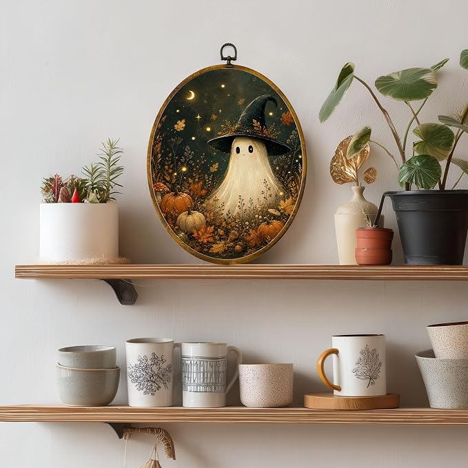 Ghost Witch Pumpkin Oval Wall Art, Framed Canvas Decor, 8.5x11.5 Inch | Cute ghost in witch hat, pumpkins, fall leaves, mushrooms and crescent moon decor