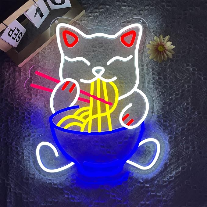 Fortune Cat Ramen Neon Sign Japanese Lucky Cat Noodle Neon LED Light Signs | Dimmable Anime Ramen Cat Neon Lights up Sign for Living Room Wall Decor Home Bar Kitchen Ramen Restaurant Dining
