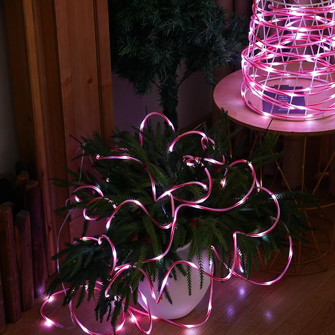 YEGUO Solar Candy Cane Rope Lights Outdoor Waterproof, 2 Packs Each 33ft 100 LED String Light, 8 Modes Fairy Lights in Red & White Thin Tube Lights for Camping Fence Patio Garden Trampoline Deck