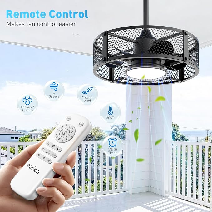 addlon 20" Outdoor Ceiling Fan with Light for Patio, IP65 Plug in Caged Fan | Waterproof, Hanging Hook, Reversible DC Motor, 6 Speeds, Remote Control, Quiet Operation, Timer, for Gazebo, Patio, Porch