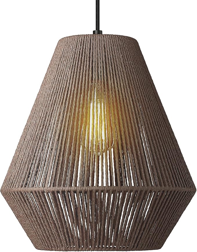 ELYONA 12” Woven Japandi Pendant Light for Kitchen Island Boho Hanging Lamp with Handwoven Rattan Basket Shade Adjustable Pendant Light Fixtures for Dining Room Bar Bedroom Foyer Hallway Dark Brown