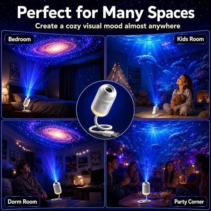 Hd Smart Dynamic 5d Holographic Night Light Projector, 2027 Upgraded Plug and Play Hd Star Projector, 360° Adjustable Hd Galaxy and Ocean Projector for Bedroom Ceiling (6 Projection Films)