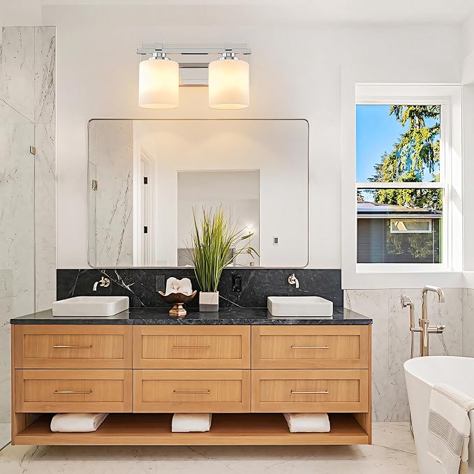 Modern Bathroom Light Fixtures Over Mirror, Vanity Lights for Bathroom Wall Sconces with Milky White Glass Shades, E26 Socket (Bulbs Not Included), 2 Light, Chrome