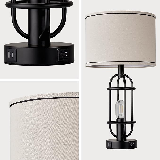 Reaketon Black Table Lamps for Living Room Set of 2, 22.3" Farmhouse Lamps for Nightstand, Industrial Table Lamps for Bedroom with USB Ports, Bulbs Included