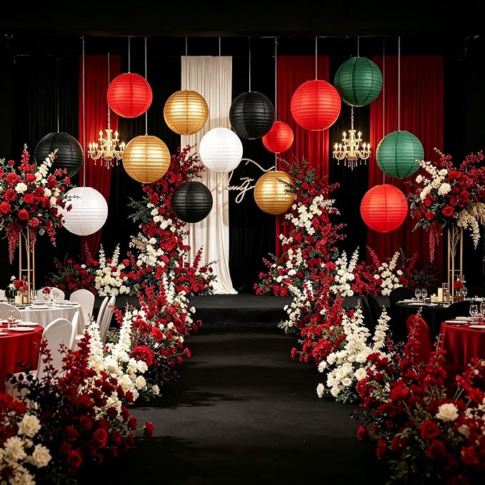 10 Pcs Paper Lanterns Decor, 8 & 10 Inch Hanging Round Lanterns in Red Black White Green Gold, hanging lantern for Wedding, Christmas, Classroom, Movie Night,Casino Party Decorations
