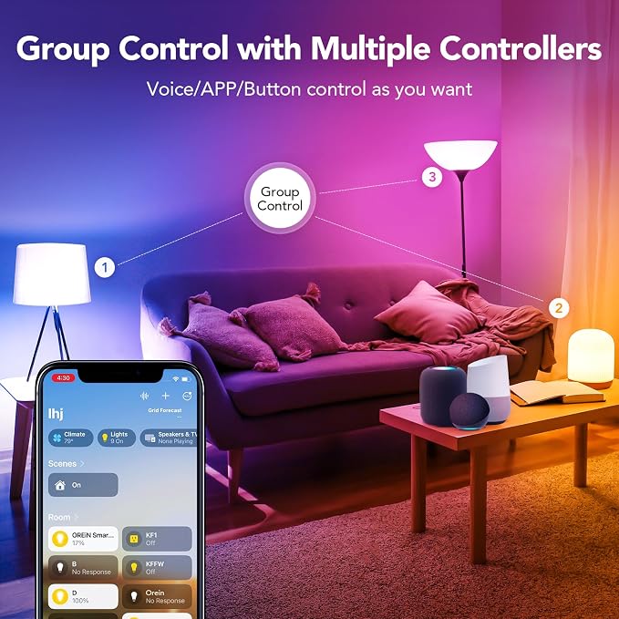 OREiN Matter BR30 Smart Bulbs, 650LM RGBTW Color Changing Led Bulb, 4 Pack | 60W Smart Flood Light Bulb Compatible with Alexa, Apple Home, Google Home, SmartThings,2.4Ghz WiFi Only Smart Light Bulbs