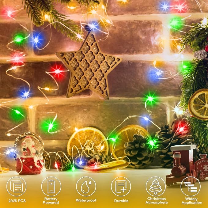 2 Pack Timer Fairy Lights Battery Operated Twinkle Lights with 5 Modes | 16.4Ft 50 LED Silver Copper Wire Battery Wreath Lights for Home Christmas Wedding Indoor Outdoor Decor, Multicolor