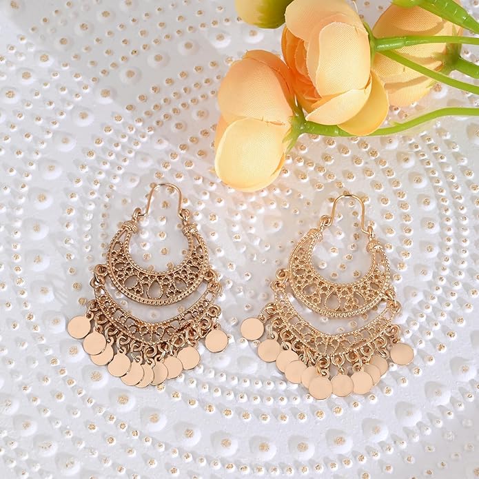18K Gold Plated Filigree Dangling Large Gold Plated Chandelier Earrings for Women Indian Jewelry for Women Gifts