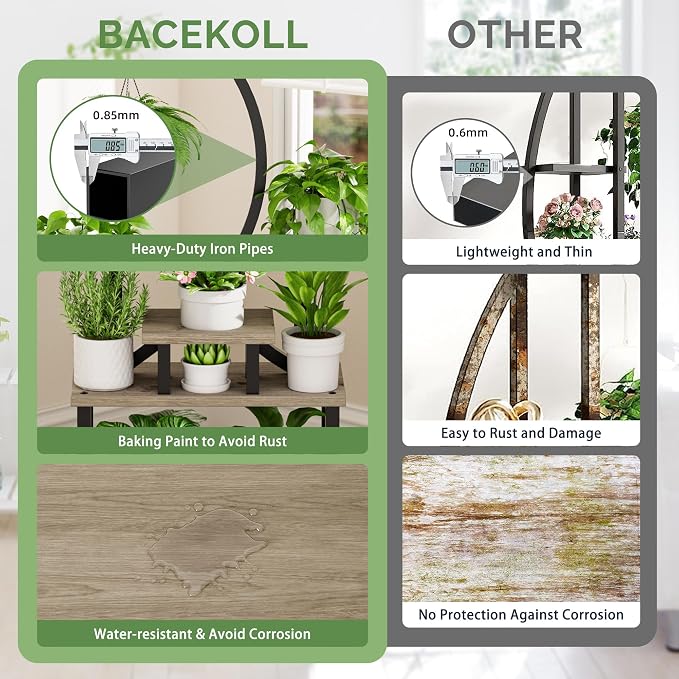 BACEKOLL Plant Stand Indoor with Grow Light, 8 Tier Corner Plant Shelf Tall | 62" Lighted Flower Holder for Plant Multiple, Space-Saving Beautiful Display Growing Rack for Home Patio, Sturdy Metal, Grey