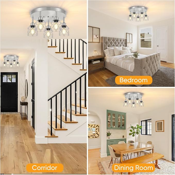 Baocuz 5-Light Kitchen Light Fixtures, Silver Adjustable Semi Flush Mount Ceiling Light with E26 Base, Multi-Directional Track Ceiling Lighting for Hallway, Dining Room, Entryway