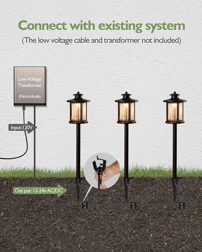 LITFIT Low Voltage Landscape Lighting, 12V 3.4W 155LM 3000K Outdoor Path Lights with Connectors, Crackled Shade, ORB Finish, Waterproof Aluminum LED Walkway Light Wired for Garden Yard, 4 Pack
