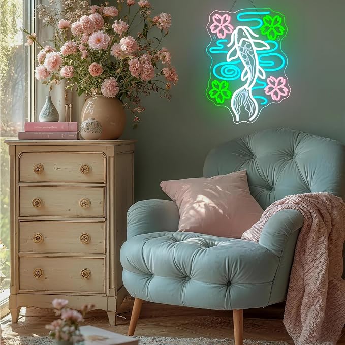 Koi Neon Sign LED Fish Light Up Japanese Decor in Home Bedroom Restaurant Fishes Pond Neon Sign in Koi Fish Decor with Cherry Blossoms LED Japanese Signs Gifts for Teens Sakura Lover