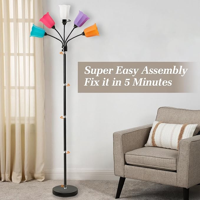 Medusa LED Floor Lamp, Multi Head Modern Tall Lamp with Adjustable Gooseneck Standing Lamps Led Tall Lamp for Living Room Bedroom Kids Room Office 6 Color Lampshades Bulb Not Included Black