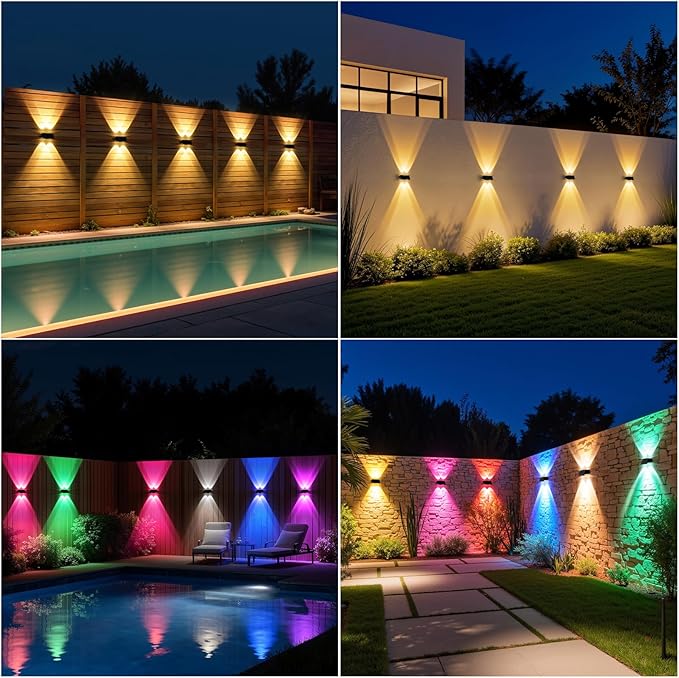 NIORSUN Solar Fence Lights,24 Pack Wall Lights Waterproof,Led Outdoor Lights 3000K/4500K/6000K+ RGB Up & Down Deck Light,Solar Powered Light for Backyard/Pool/Railing/Patio/Porch/Step