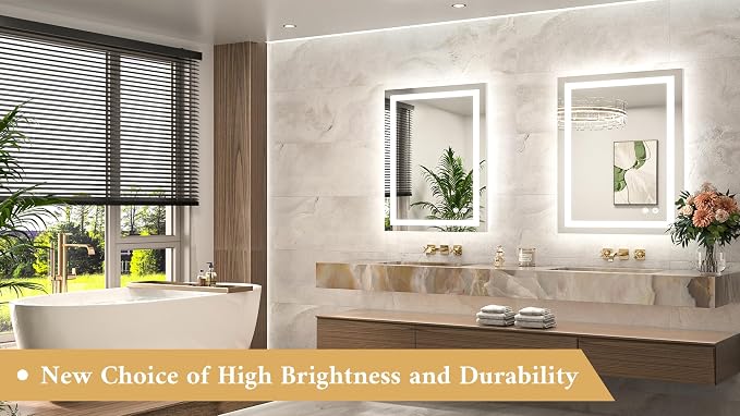 LED Bathroom Mirror 24 x 32 Brighter Front and Backlit LED Bathroom Vanity Mirror with Lights, Frameless Lighted Anti Fog Wall Mounted Mirror, 3-Color Dimmable, Tempered Glass, Waterproof