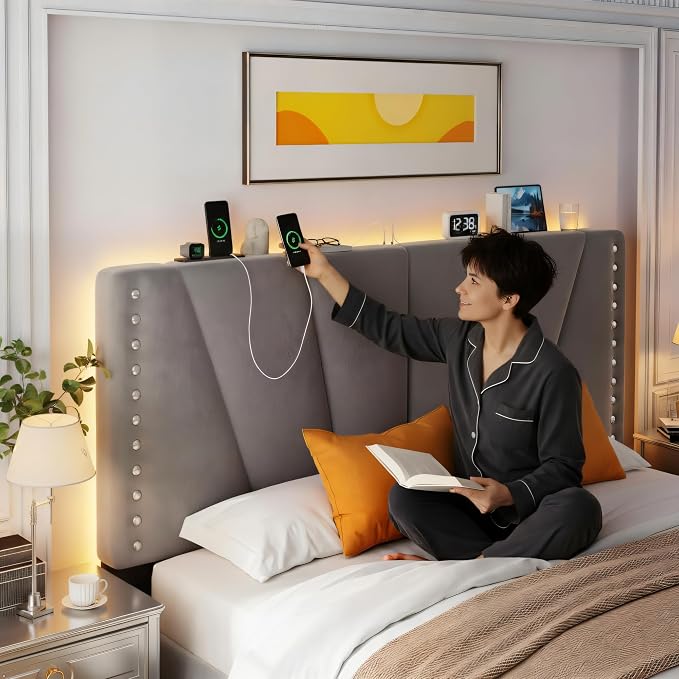 EnHomee King Size Bed Frame with LED Lights & USB, Noise-Free, Grey | Adjustable Velvet Headboard,Under-Bed Storage,Heavy Duty Support with 12 Slats,No Box Spring Needed,Easy Assembly for Bedroom