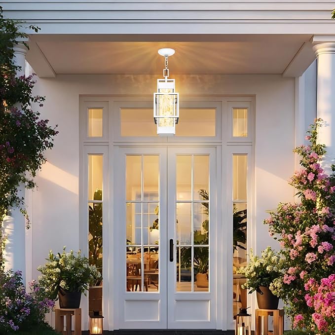 Hotsonic 15'' White Outdoor Indoor Pendant Celing Light Fixture, Modern Exterior Hanging Chandelier Porch Lights, Aluminum Outside Lantern Lamp for Entrance Foyer Entryway (Bulb Included)