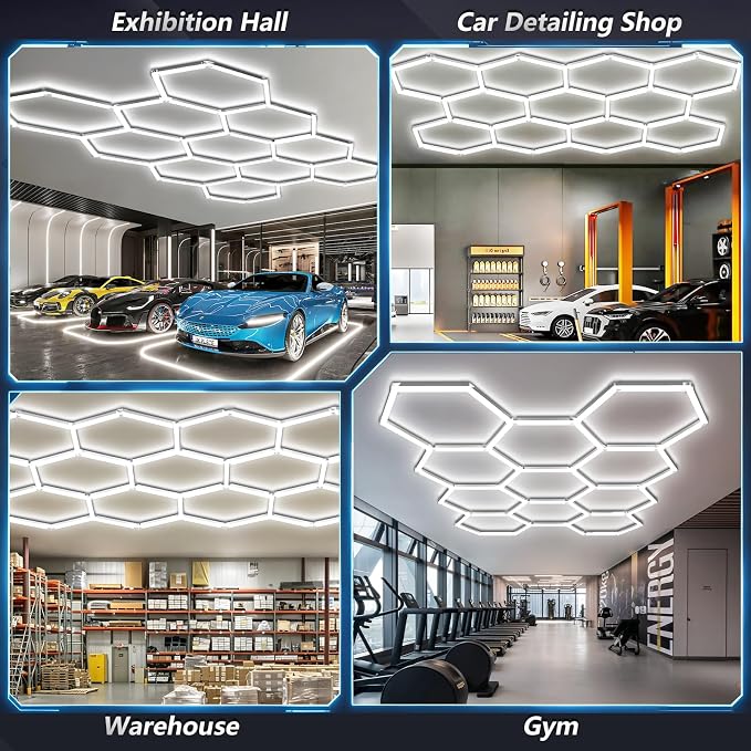Bevenus Hexagon LED Garage Light, 322W 6500K Super Bright Honeycomb Ceiling Light, Easy Install DIY Hex Light for Workshop Warehouse Gym Auto Detailing Commercial Exhibition Hall (11 Grids)