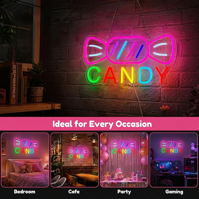 Candy Neon Sign for Wall Decor Candyland Party Decorations, Candy Bar Sign | Store Logo, Birthday Decorations, Candy Light for Candy Shop, Kids' Room, 6.5ft Dimmable USB Powered Colorful 15.7"x7.8"