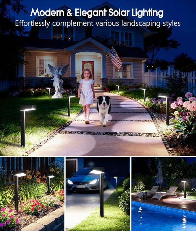 Solar Pathway Lights Outdoor, 6 Pack Garden Lights Solar Powered Path Lights with Larger LED Lens, 2 Light Modes Waterproof Outdoor Solar Light for Yard Driveway Walkway Landscape, Cool White