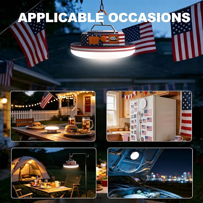 10000mAh Rechargeable Camping Light with Remote , US Flag Print American Flag Light for Outdoor Camping Hiking Emergency Power Failure (30W(US Flag Style))