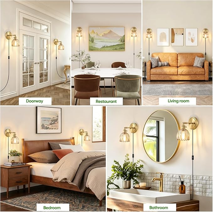 Plug in Wall Sconces Set of Two, Vintage Wall Lights with 5.58FT Plug in Cord, Adjustable Angle Bedside Wall Lamps with Amber Tulip Glass Shade, Gold Wall Light for Bedroom Living Room Hallway
