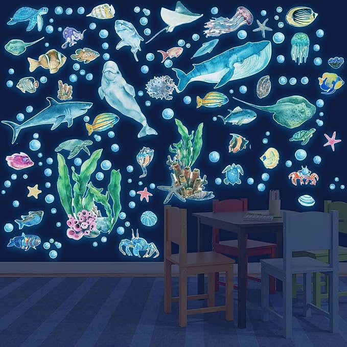 Glow in The Dark Wall Decals, Under The Sea Wall Sticker Decals Decor | Watercolor Creatures Decor Sea Life Animals Waterproof Stick Wall Decal for Kids Boys Bedroom