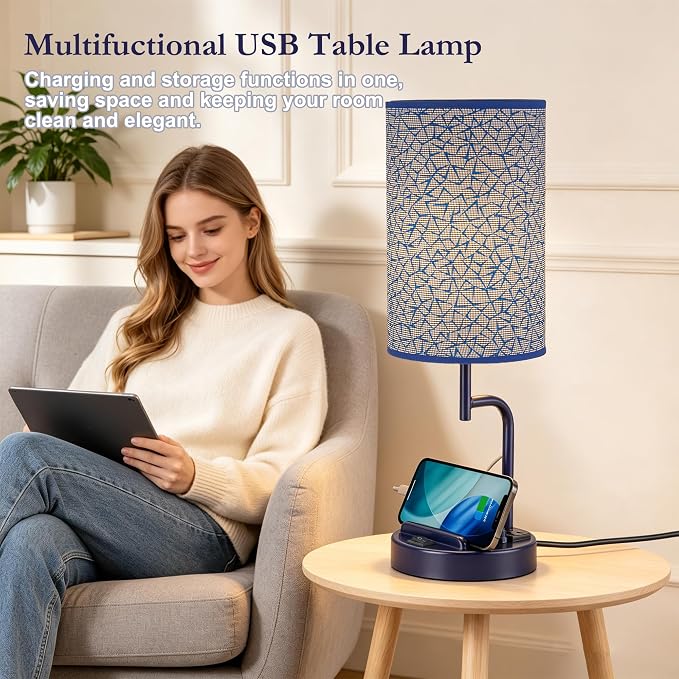 Dreamholder 2 Pack Table Lamp, Bedside Lamp with 3 USB Charging Ports & AC Outlet, USB Desk Lamp with 2 Phone Holders, Linen Fabric Shade Nightstand Lamps for Bedroom Living Room Office, Blue