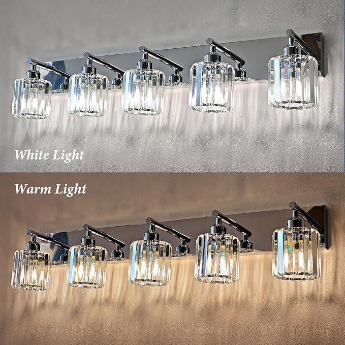 Brushed Chrome Crystal Bathroom Vanity Light, 5-Light Modern Bathroom Lighting Fixtures Over Mirror,Chrome Wall Sconce Light Fixtures with Round Shade