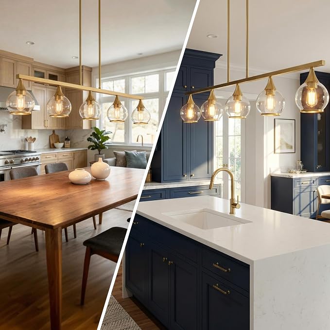 Kitchen Island Linear Pendant Light, 5-Light Gold Dining Room Chandelier with Clear Glass Globe Shades, Modern Linear Lighting Fixture Over Table