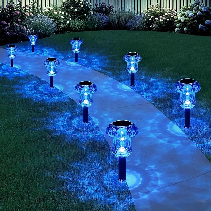 Solar Halloween Lights Outdoor 8 Pack Blue Garden Mushroom Decor | LED Waterproof Halloween Decorations Outdoor for Pathway Yard Outside Driveway Walkway Landscape Path Lighting, Auto On/Off